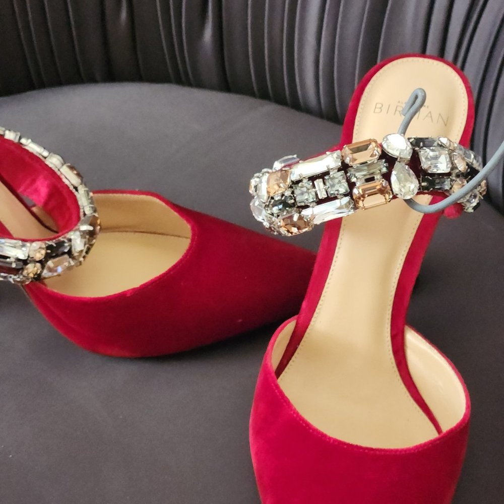 Red velvet studded sling back evening pump